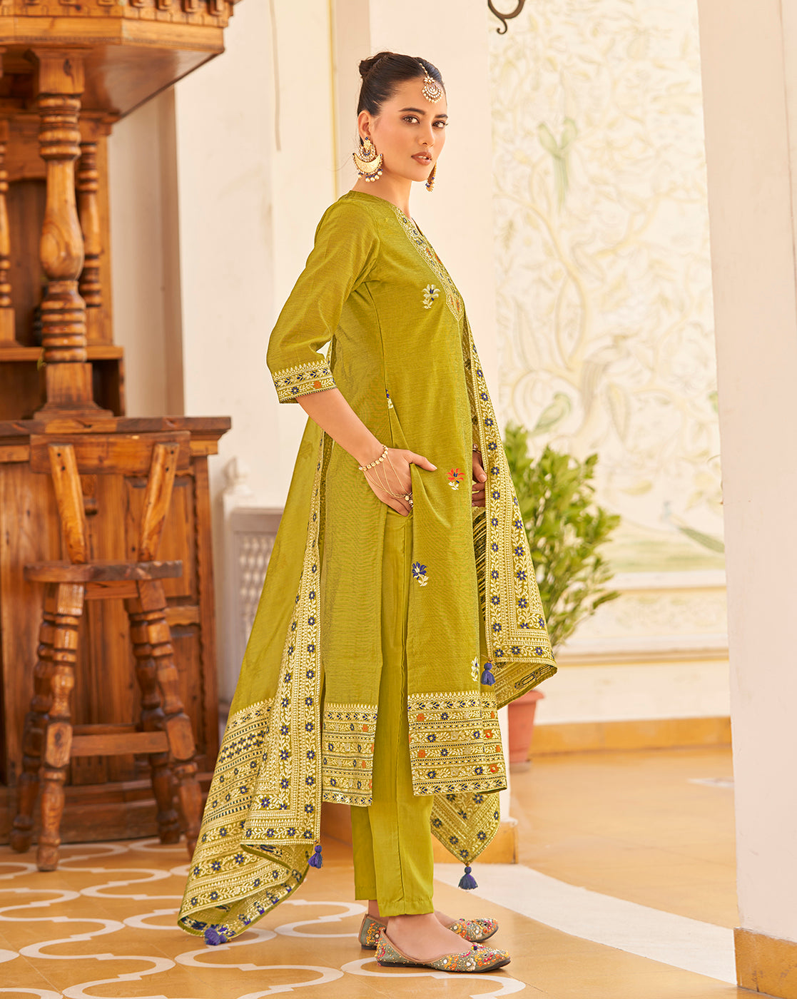 Women's Mustard Silk Blend Woven Design Kurta with Trouser & Woven Dupatta