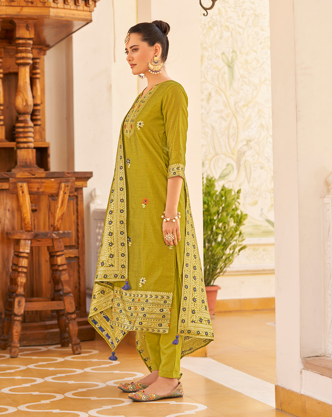 Women's Mustard Silk Blend Woven Design Kurta with Trouser & Woven Dupatta