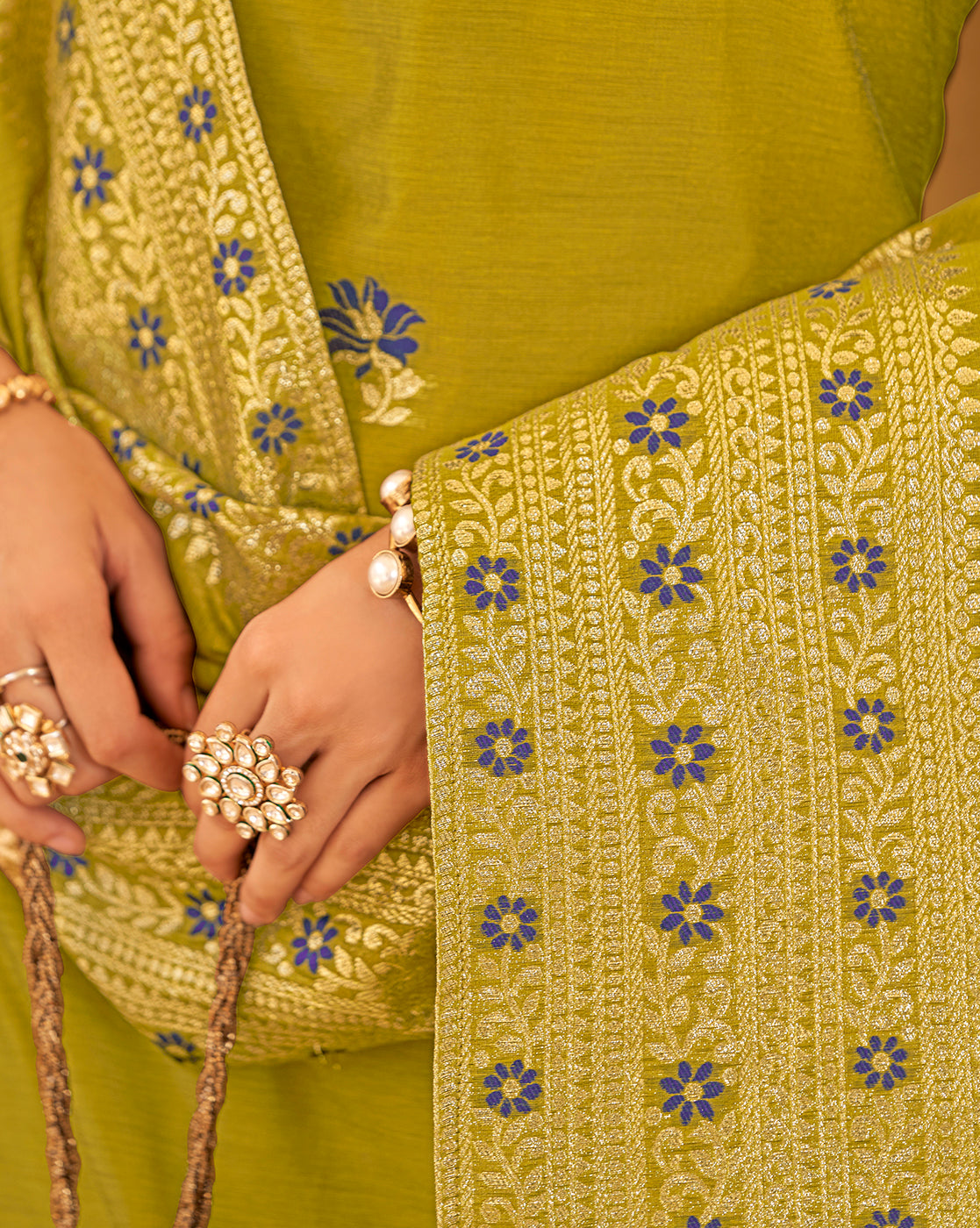 Women's Mustard Silk Blend Woven Design Kurta with Trouser & Woven Dupatta