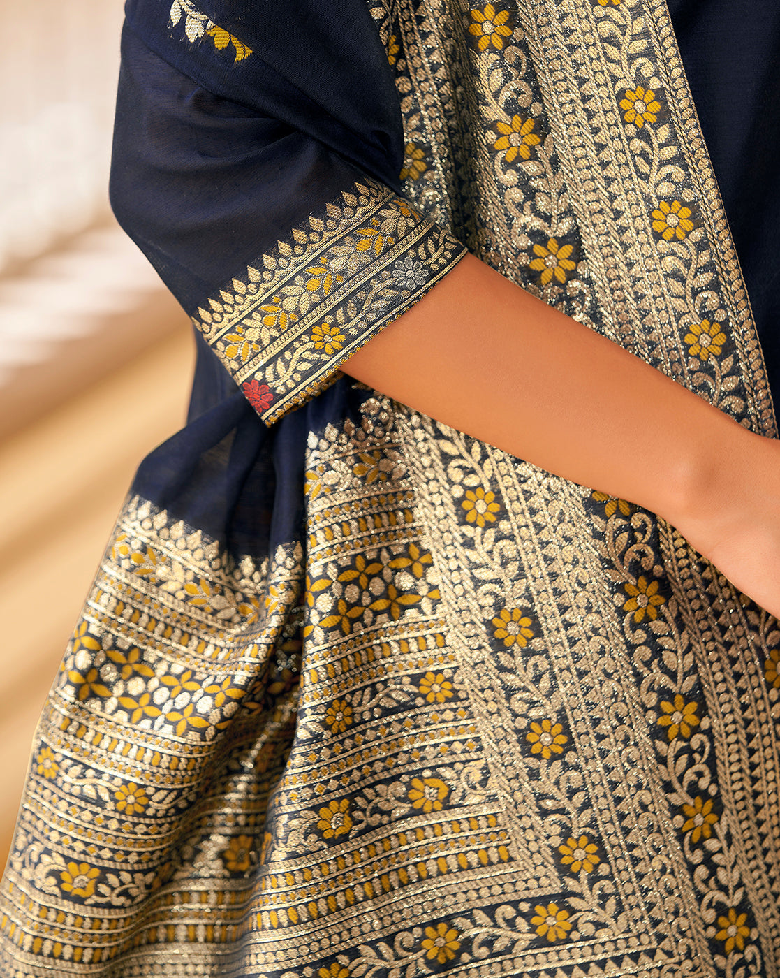 Women's Navy Blue Silk Blend Woven Design Kurta with Trouser & Woven Dupatta
