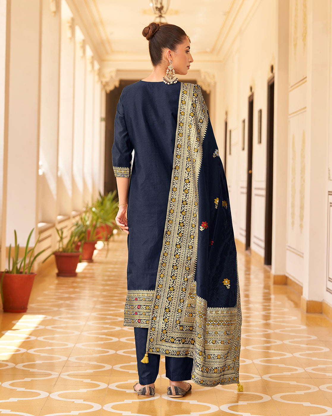 Women's Navy Blue Silk Blend Woven Design Kurta with Trouser & Woven Dupatta