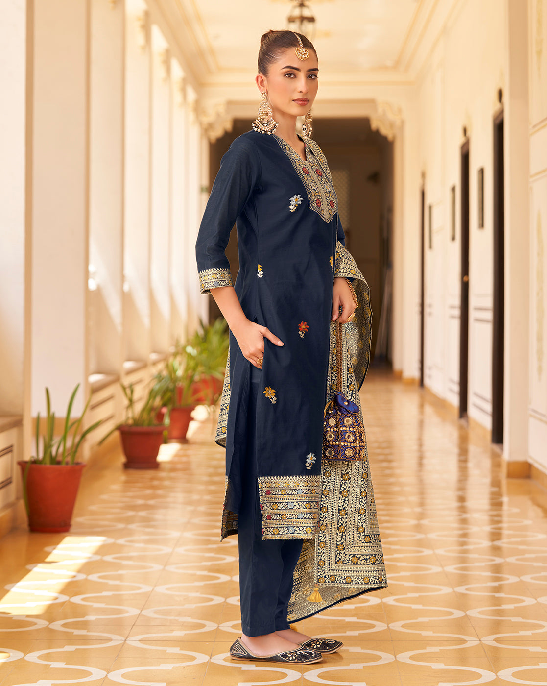 Women's Navy Blue Silk Blend Woven Design Kurta with Trouser & Woven Dupatta