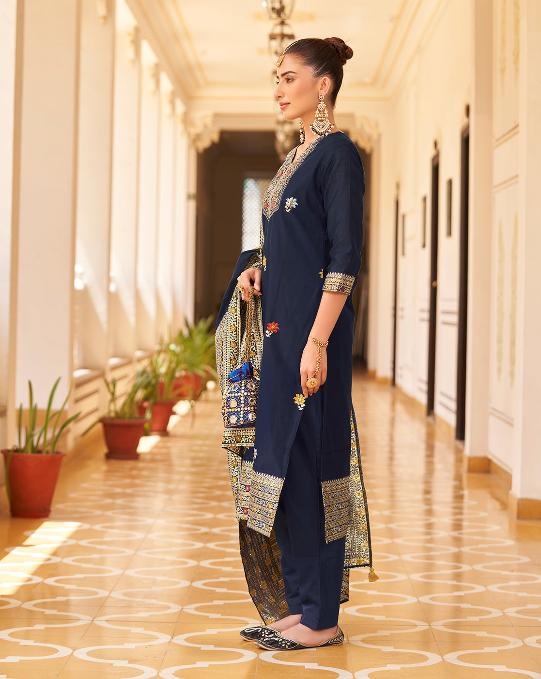 Women's Navy Blue Silk Blend Woven Design Kurta with Trouser & Woven Dupatta