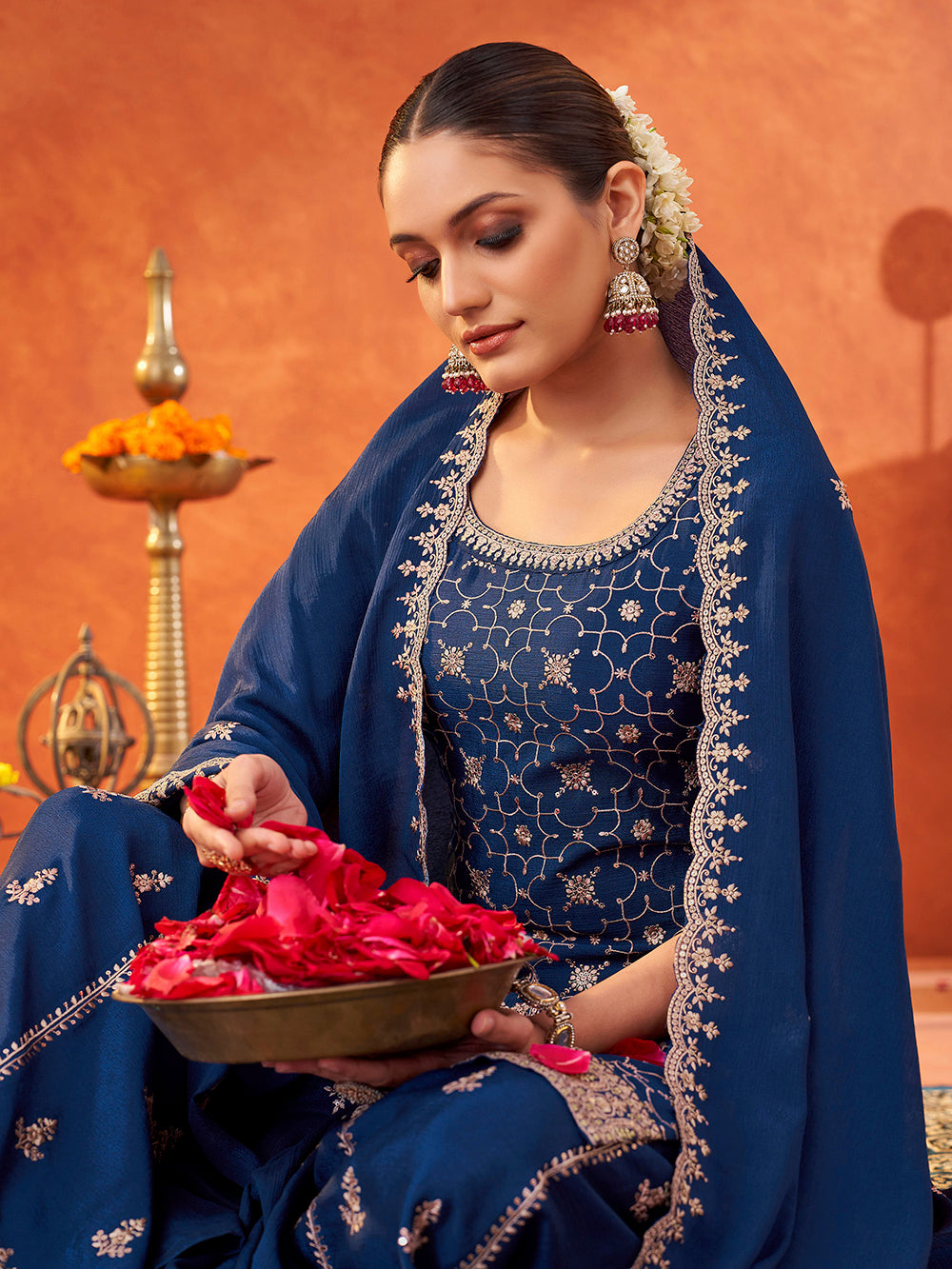 Women's Navy Poly chiffon Embroidered Sharara set with dupatta with scallop edge