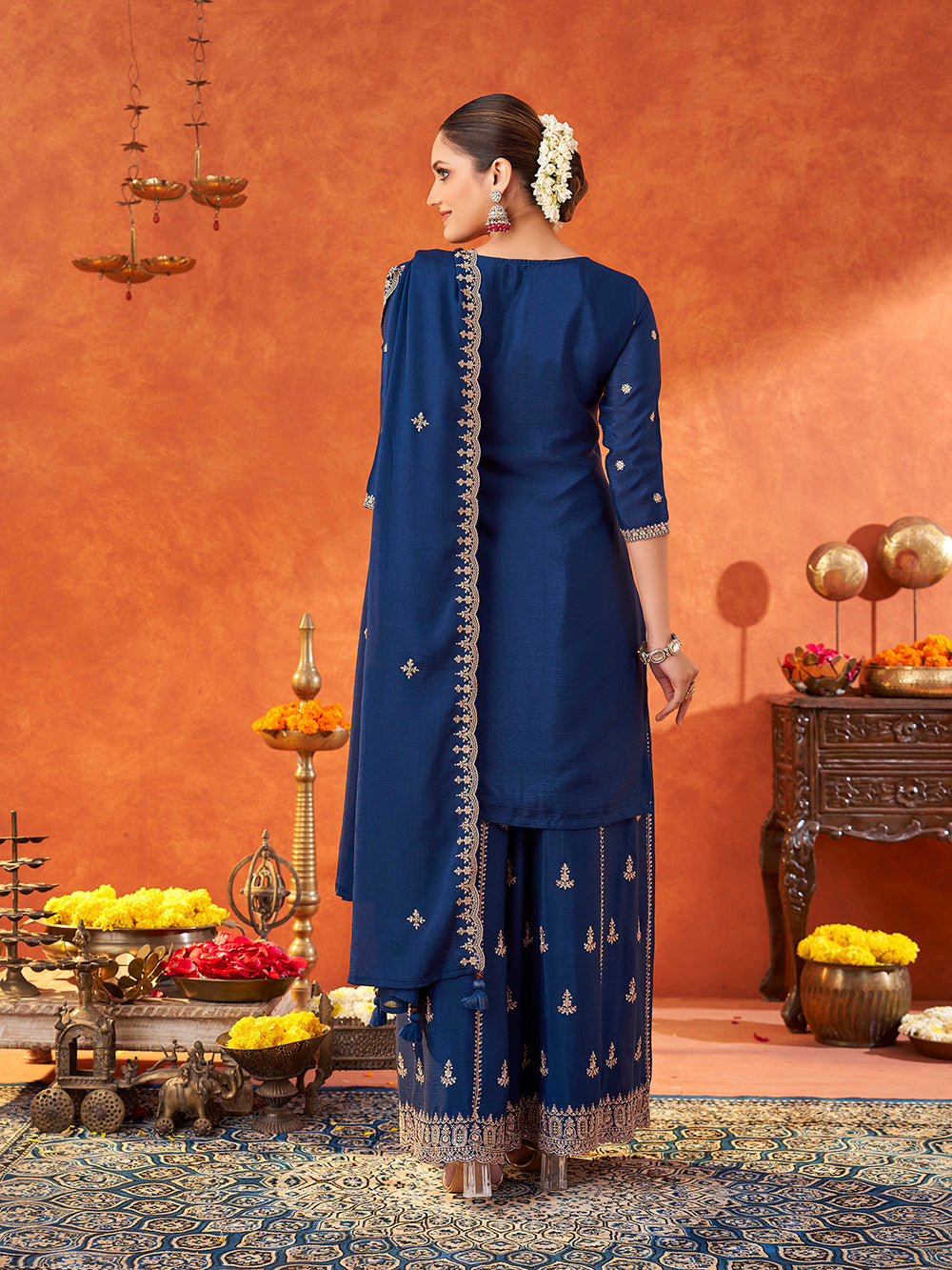 Women's Navy Poly chiffon Embroidered Sharara set with dupatta with scallop edge