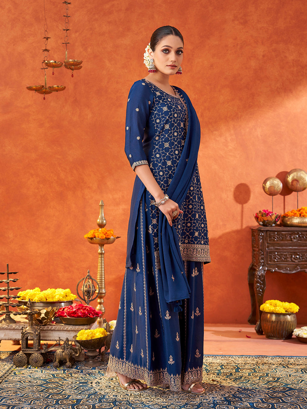 Women's Navy Poly chiffon Embroidered Sharara set with dupatta with scallop edge