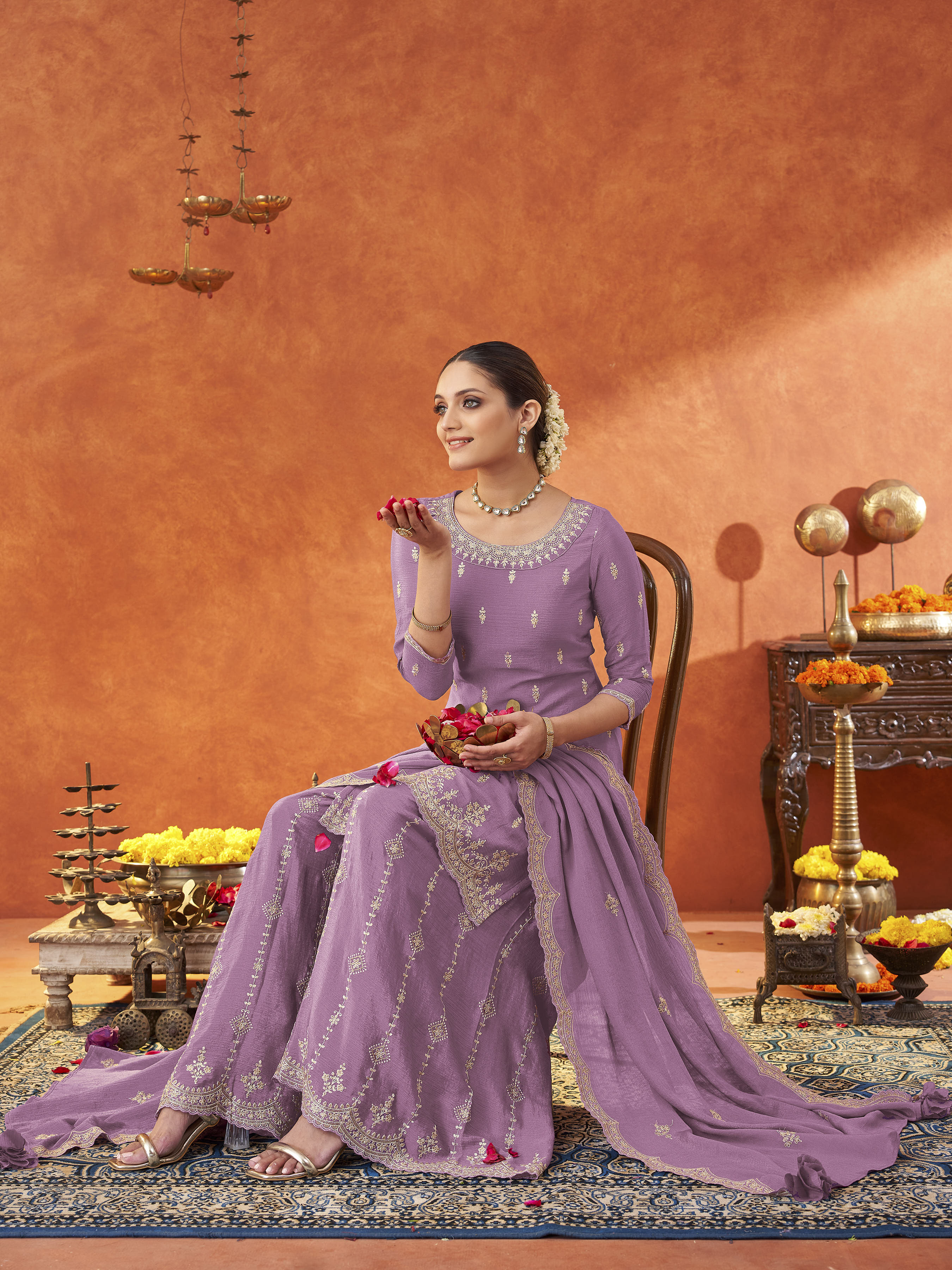 Women's Lavender Poly chiffon Embroidered Sharara set with dupatta with scallop edge