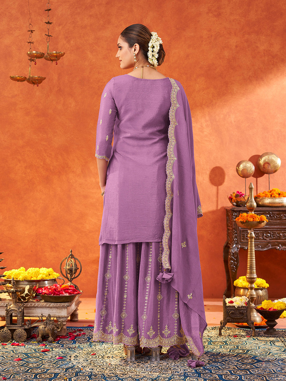 Women's Lavender Poly chiffon Embroidered Sharara set with dupatta with scallop edge