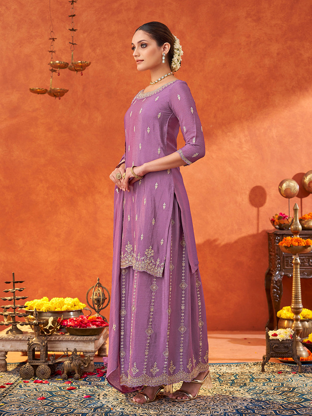 Women's Lavender Poly chiffon Embroidered Sharara set with dupatta with scallop edge
