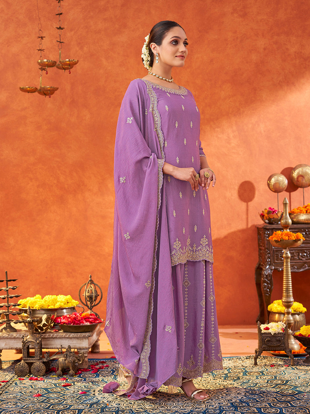 Women's Lavender Poly chiffon Embroidered Sharara set with dupatta with scallop edge