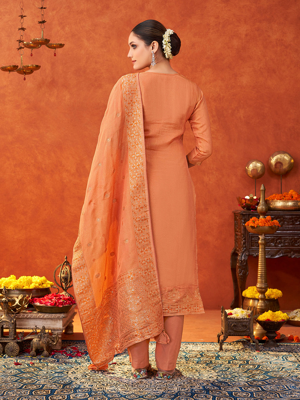 Women's Peach Pure Gold Tissue Silk Woven Jacquard Kurta set with dupatta