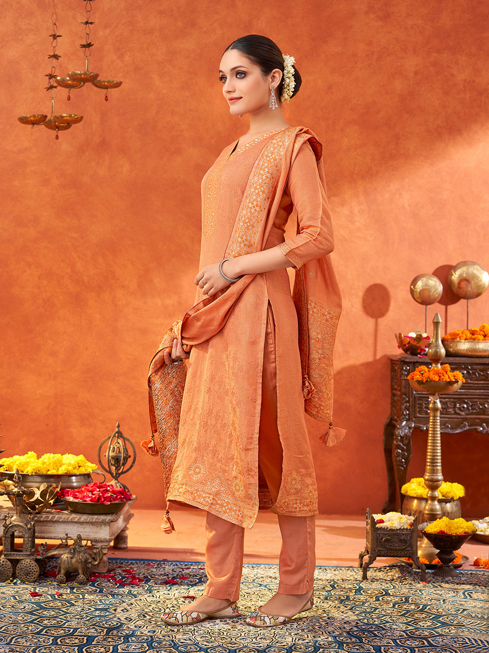 Women's Peach Pure Gold Tissue Silk Woven Jacquard Kurta set with dupatta