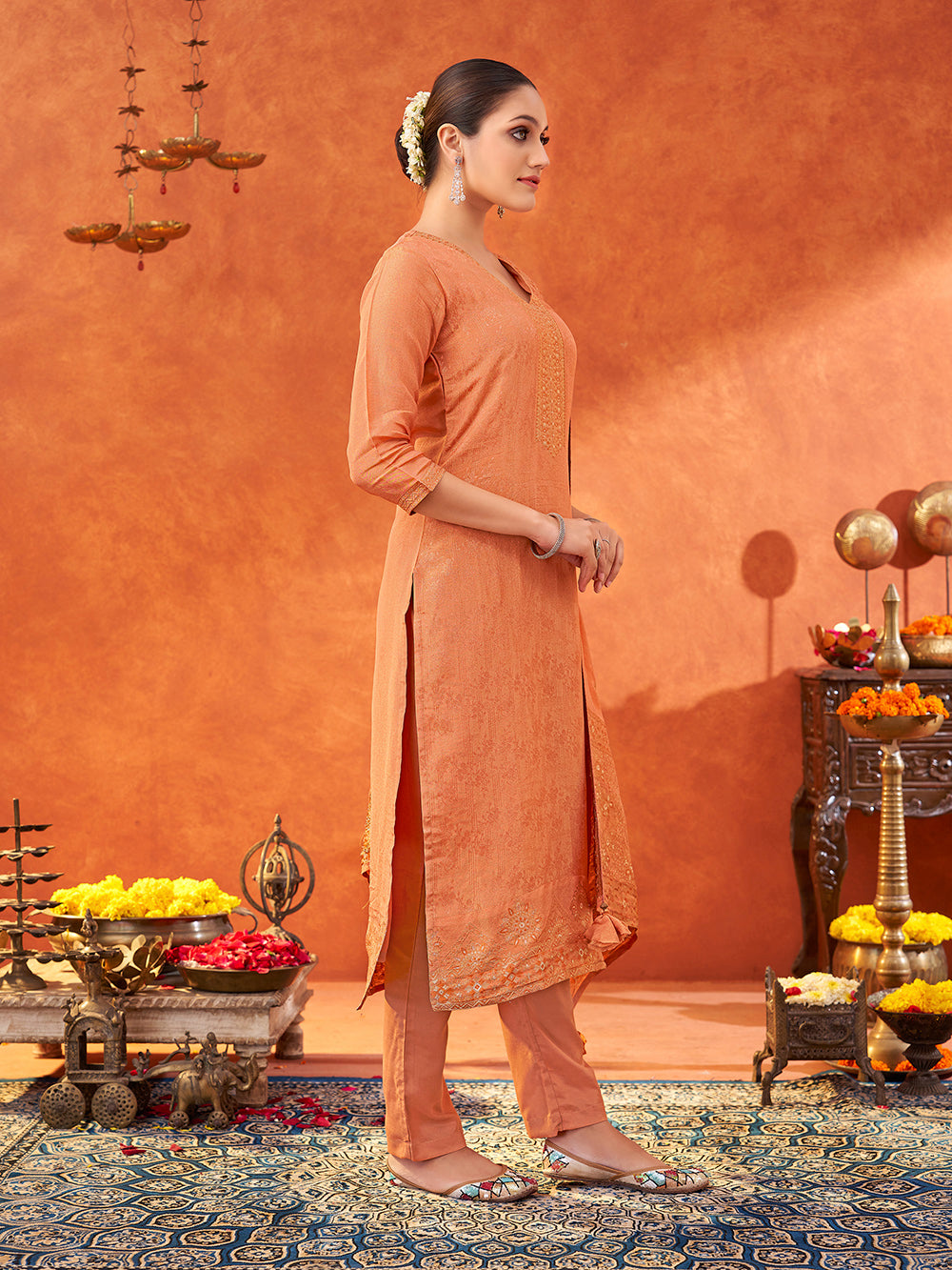 Women's Peach Pure Gold Tissue Silk Woven Jacquard Kurta set with dupatta