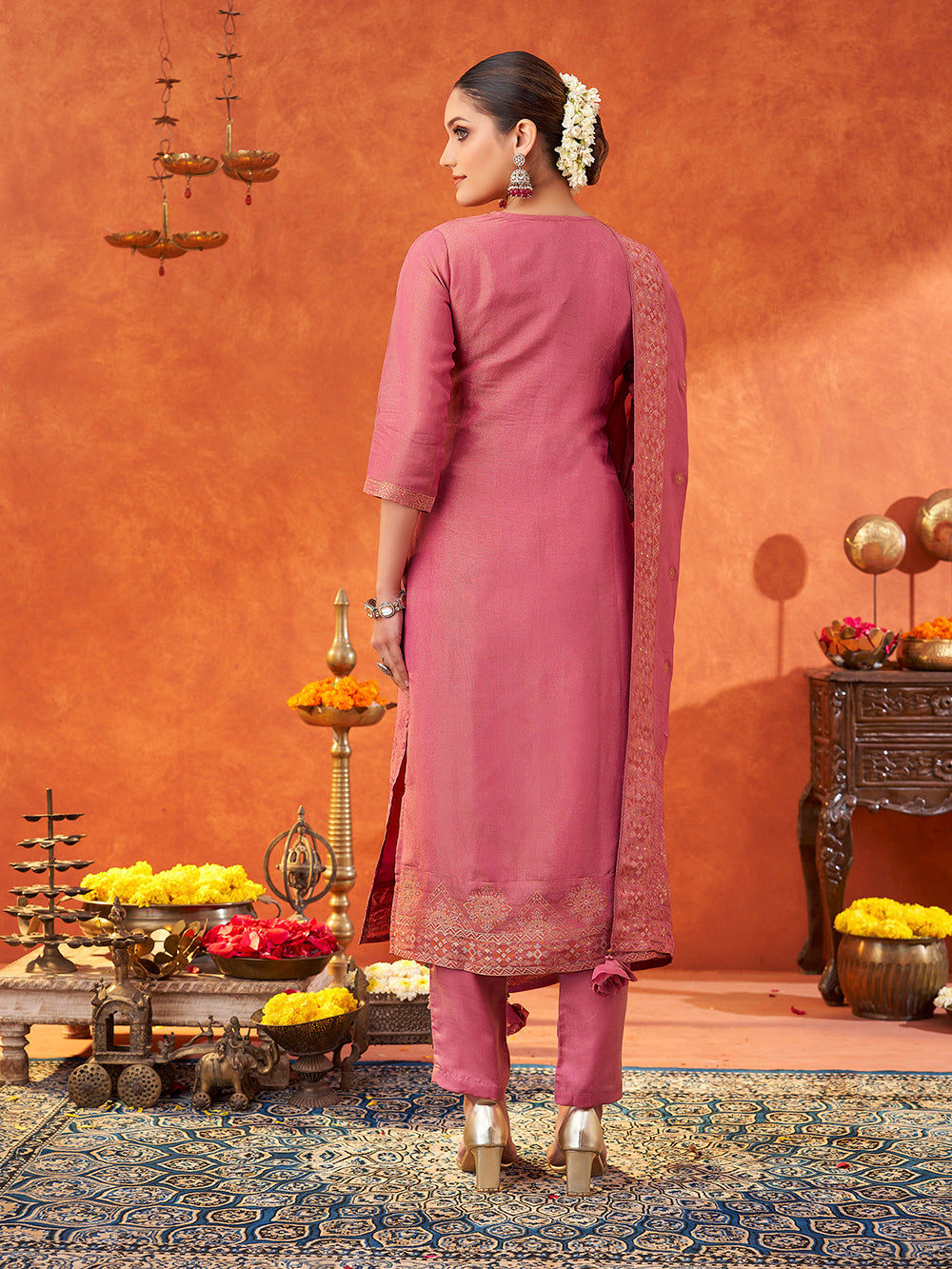 Women's Pink Pure Gold Tissue Silk Woven Jacquard Kurta set with dupatta