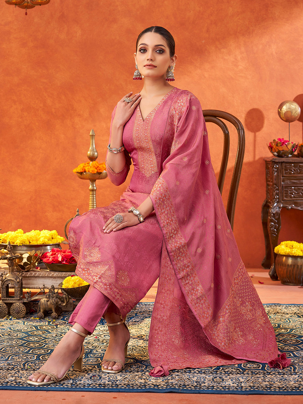 Women's Pink Pure Gold Tissue Silk Woven Jacquard Kurta set with dupatta