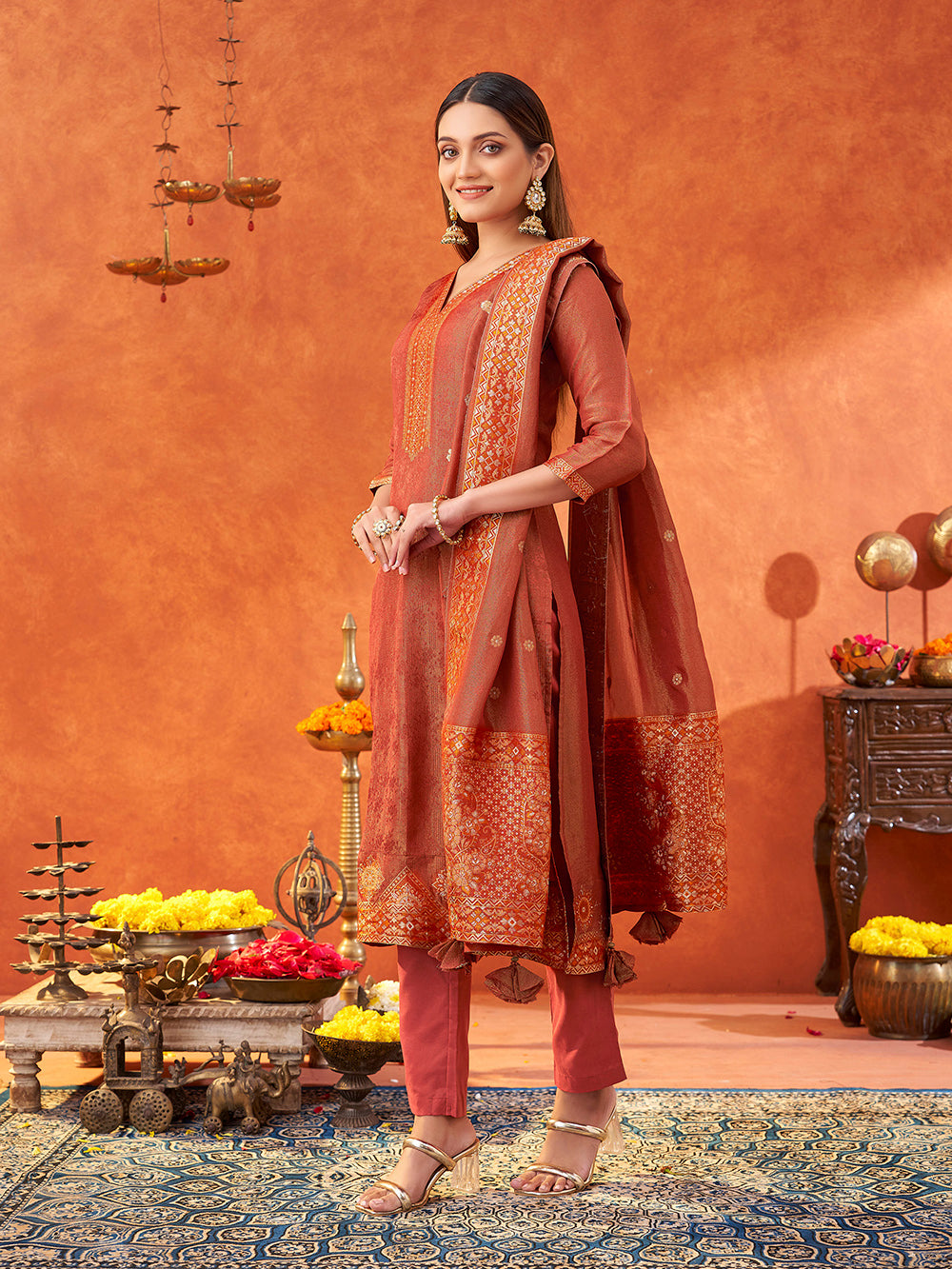 Women's Red Pure Gold Tissue Silk Woven Jacquard Kurta set with dupatta
