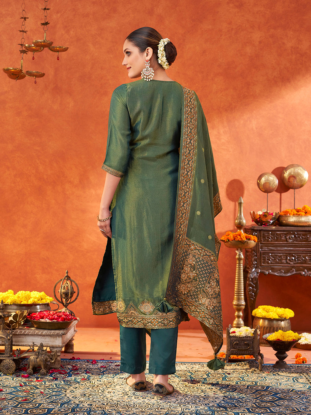 Women's Teal Pure Gold Tissue Silk Woven Jacquard Kurta set with dupatta