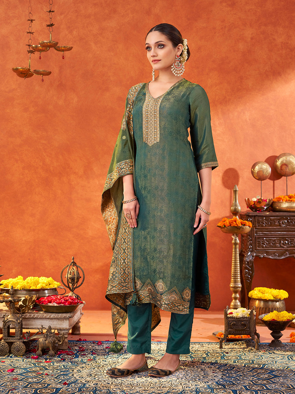Women's Teal Pure Gold Tissue Silk Woven Jacquard Kurta set with dupatta