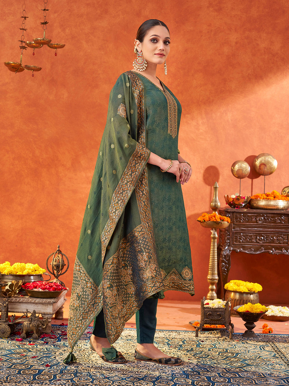 Women's Teal Pure Gold Tissue Silk Woven Jacquard Kurta set with dupatta