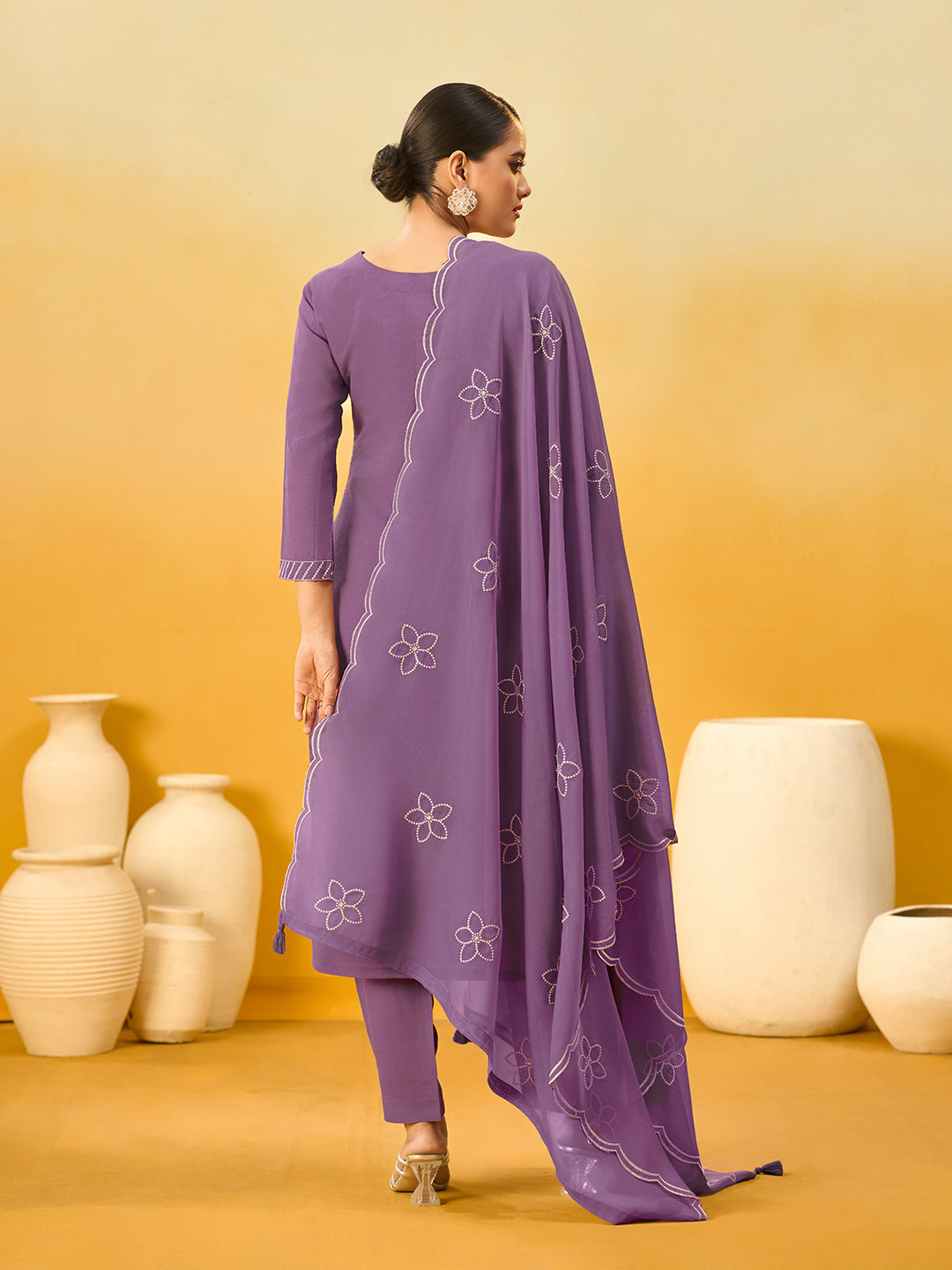 Women's Lavender Silk Blend Embroidered Kurta set with dupatta