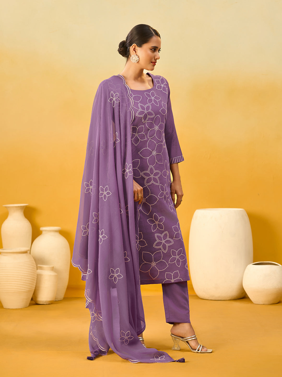 Women's Lavender Silk Blend Embroidered Kurta set with dupatta