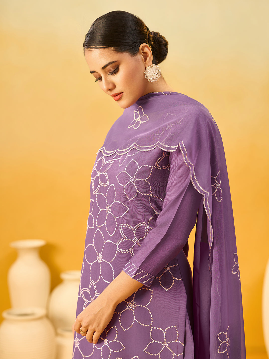 Women's Lavender Silk Blend Embroidered Kurta set with dupatta
