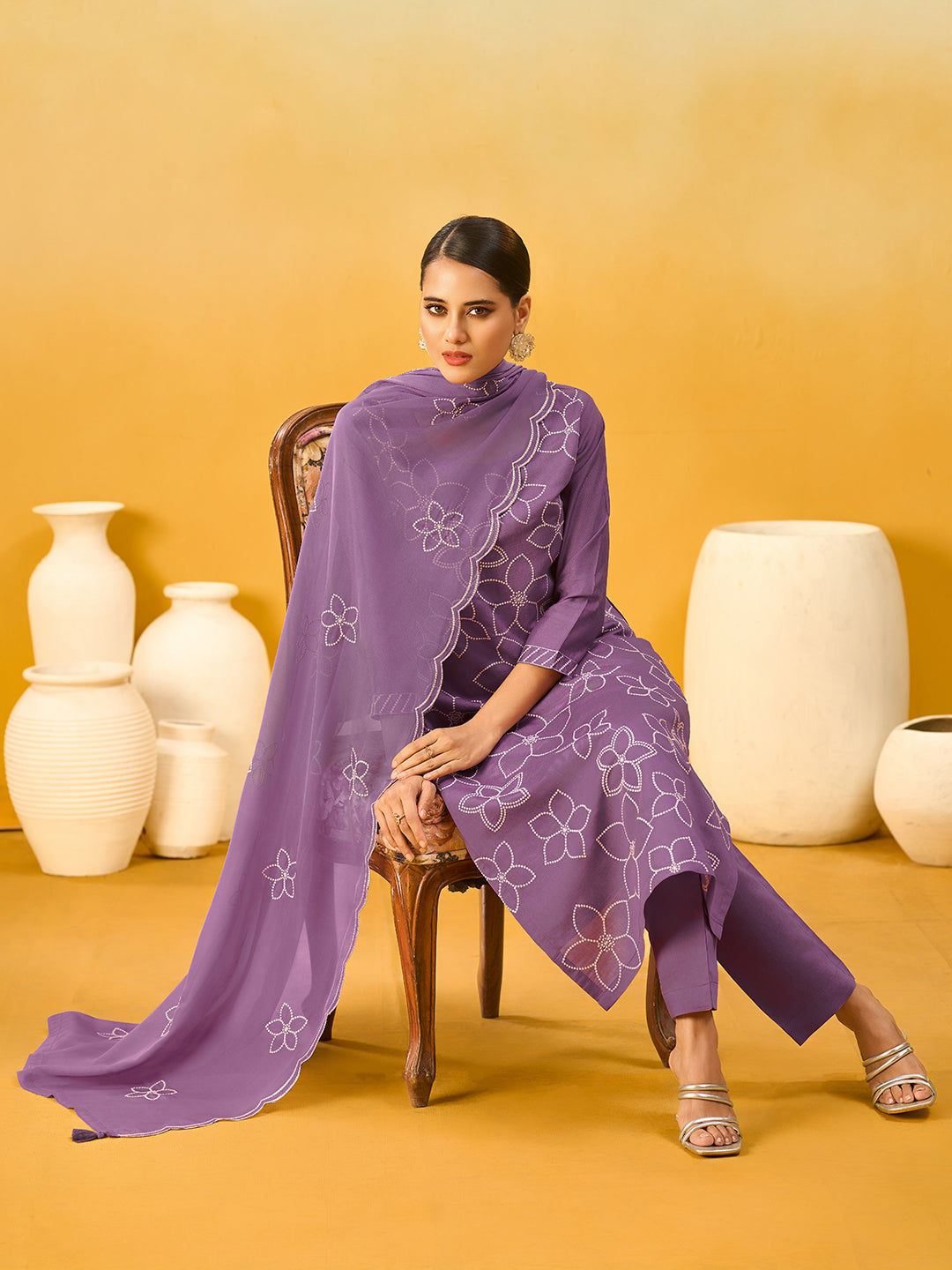 Women's Lavender Silk Blend Embroidered Kurta set with dupatta