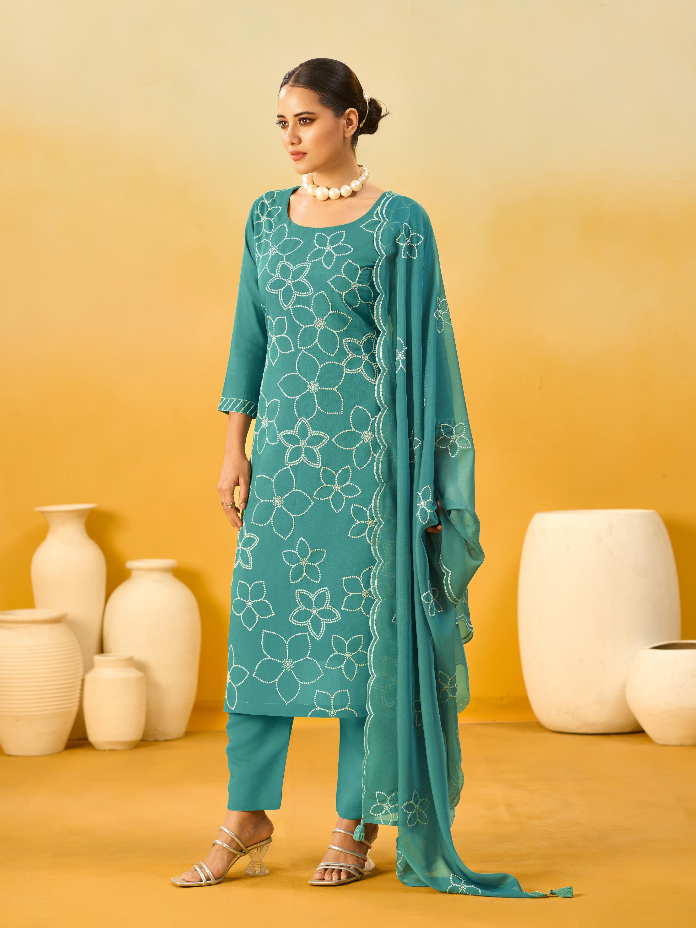 Women's Teal Silk Blend Embroidered Kurta set with dupatta