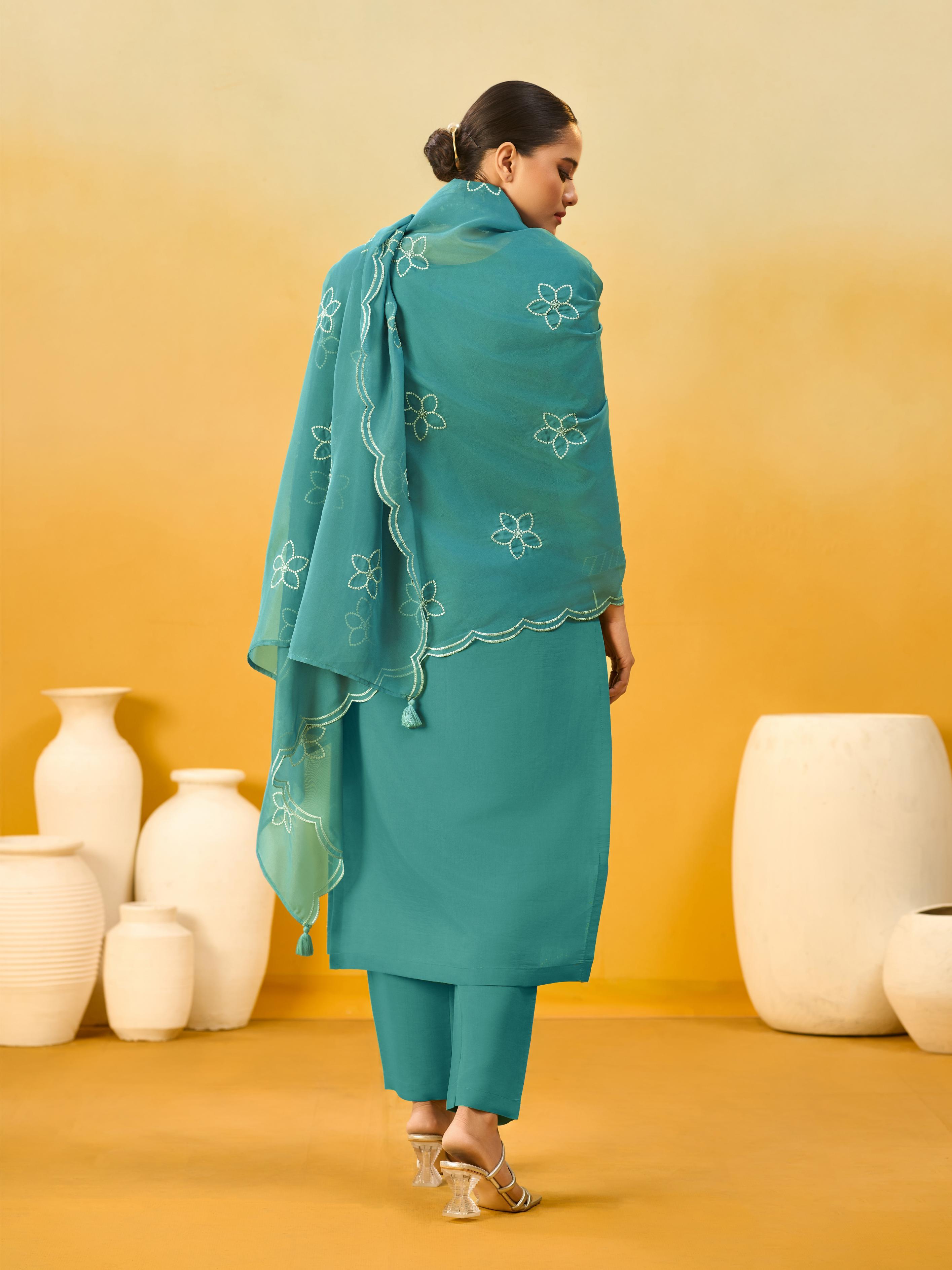 Women's Teal Silk Blend Embroidered Kurta set with dupatta