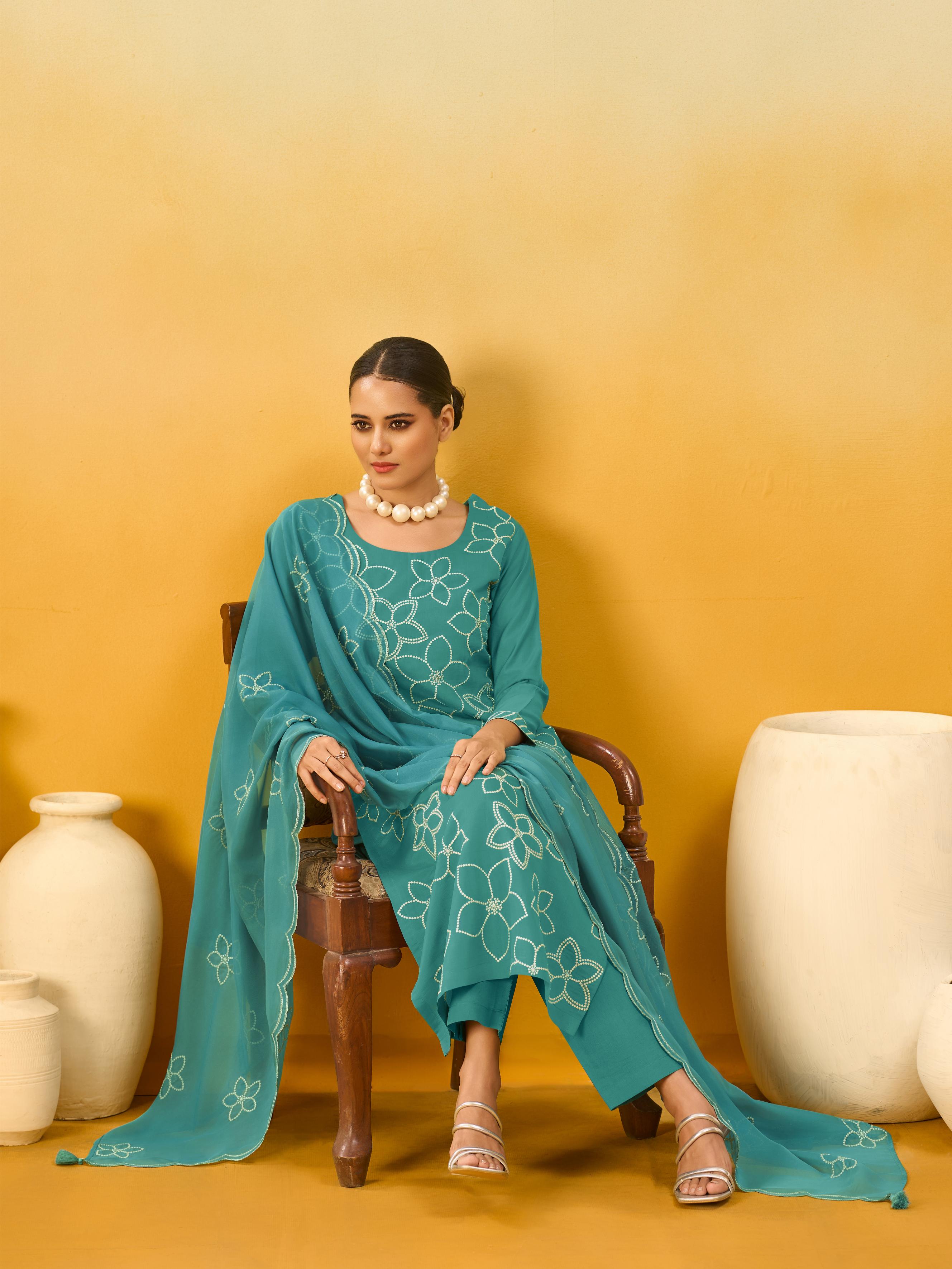 Women's Teal Silk Blend Embroidered Kurta set with dupatta