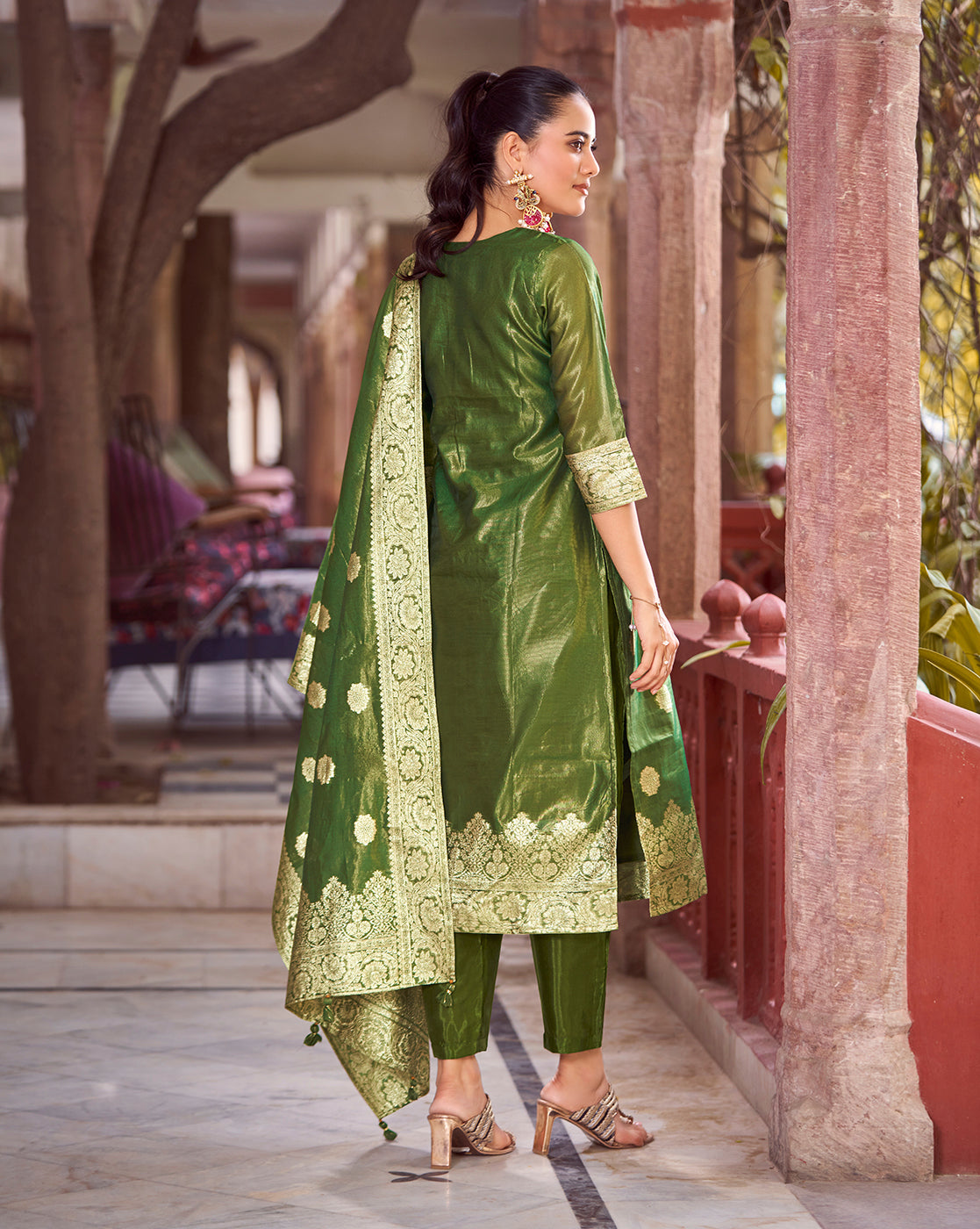 Women's Green Silk Blend Woven Design Kurta with Trouser & Woven Dupatta