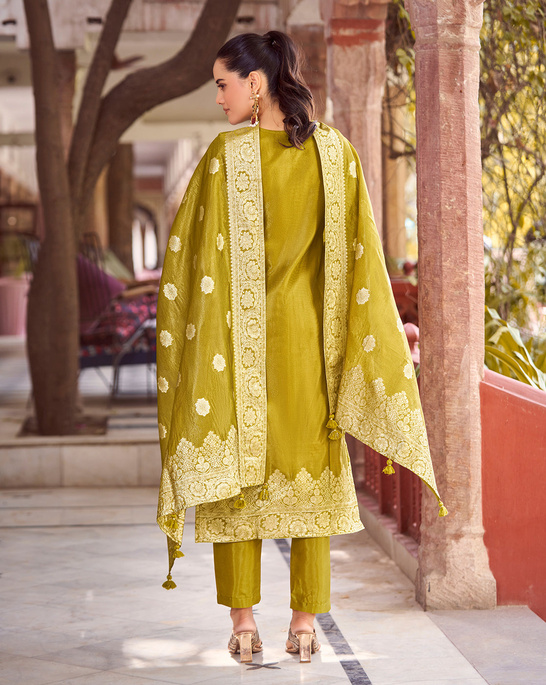 Women's Mustard Silk Blend Woven Design Kurta with Trouser & Woven Dupatta
