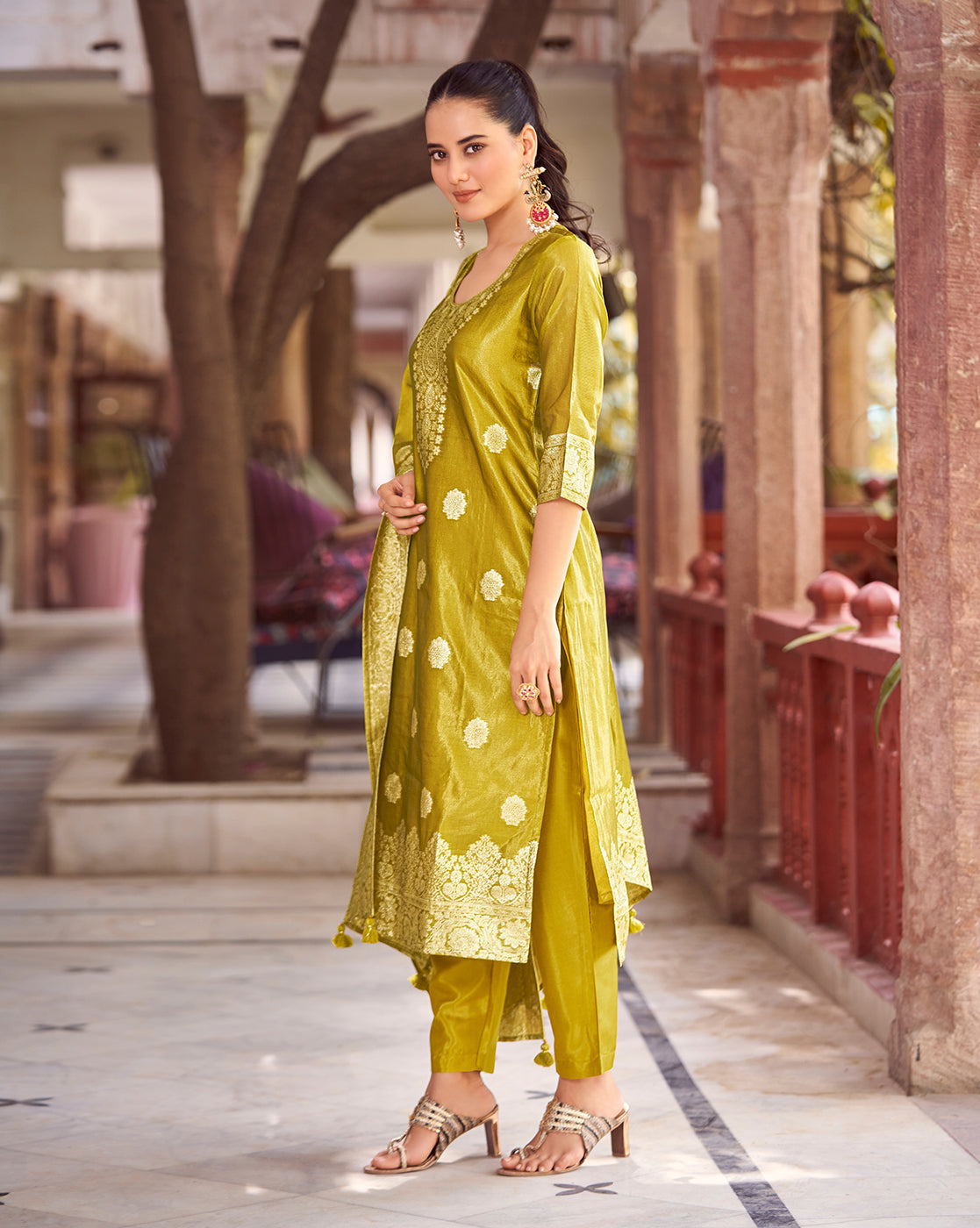 Women's Mustard Silk Blend Woven Design Kurta with Trouser & Woven Dupatta