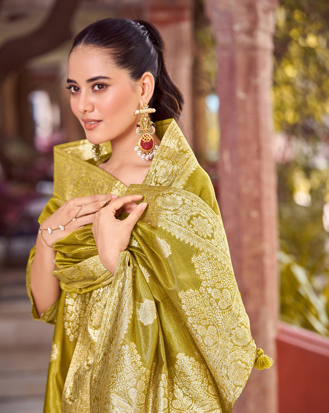 Women's Mustard Silk Blend Woven Design Kurta with Trouser & Woven Dupatta