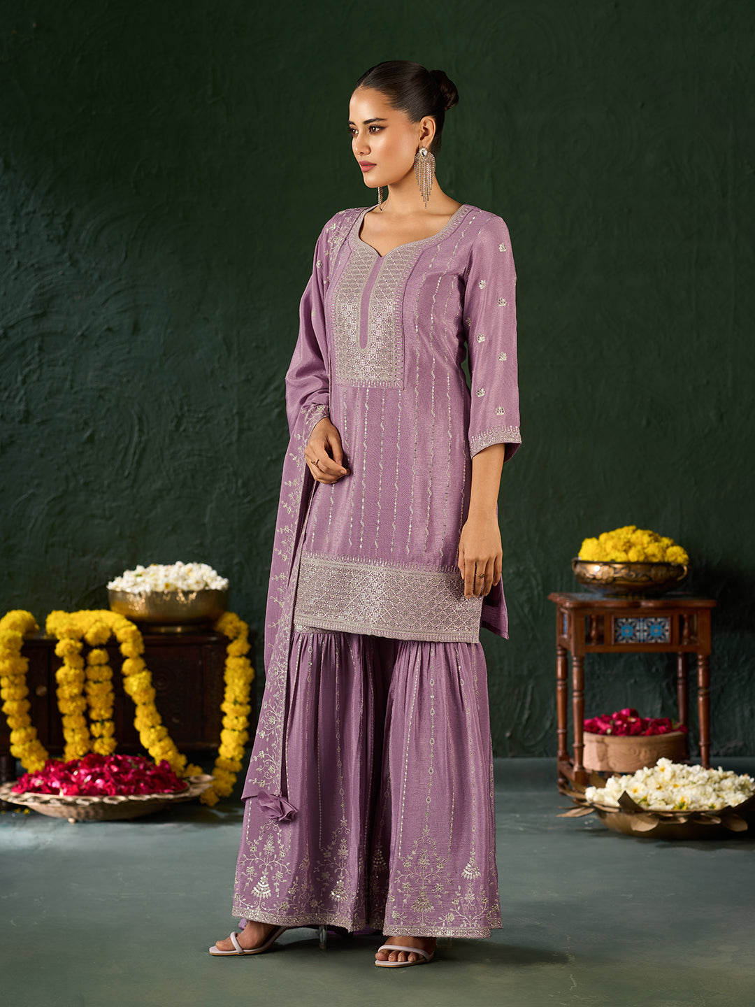 Women's Lavender Poly chiffon Embroidered Kurta set with dupatta