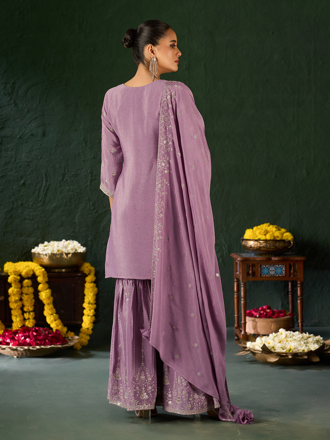 Women's Lavender Poly chiffon Embroidered Kurta set with dupatta