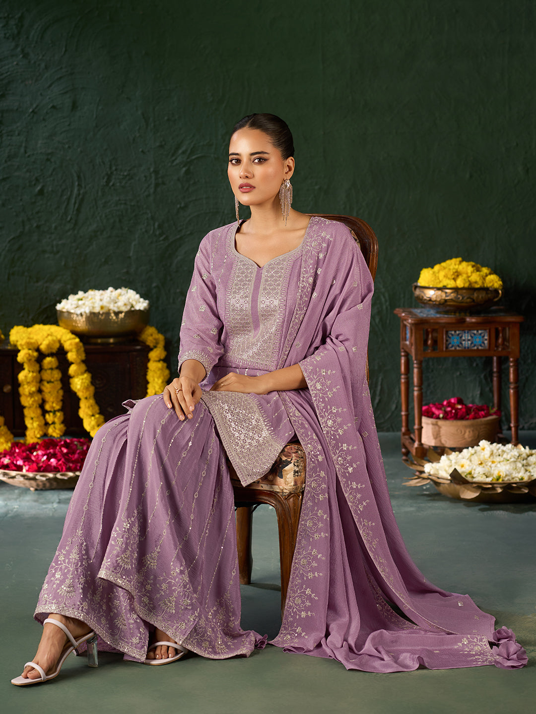 Women's Lavender Poly chiffon Embroidered Kurta set with dupatta