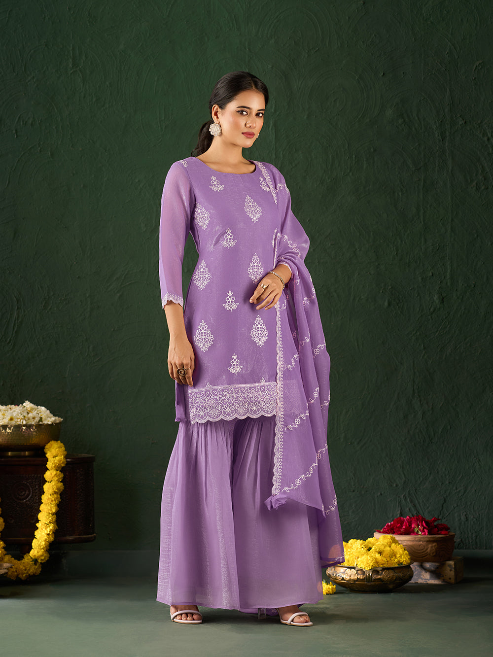 Women's Lavender Silk Blend Embroidered Kurta set with dupatta