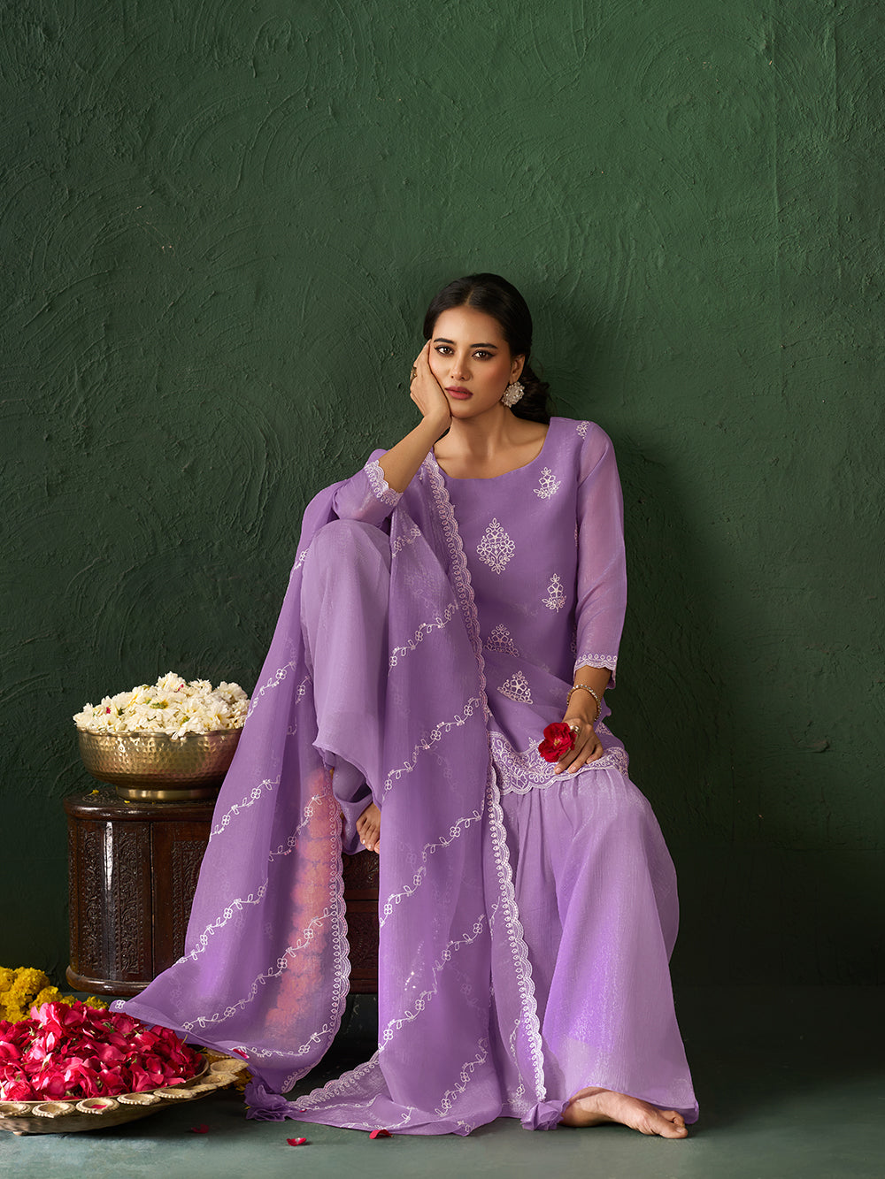 Women's Lavender Silk Blend Embroidered Kurta set with dupatta