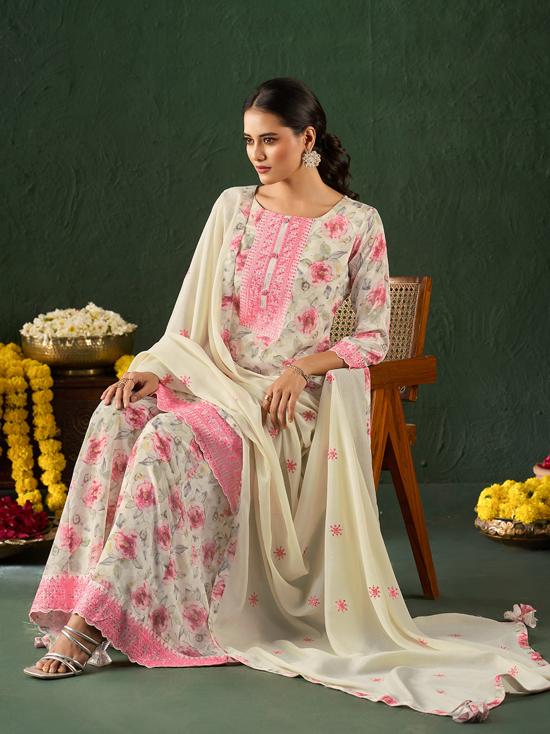 Women's Off White Silk Blend Embroidered Kurta set with dupatta