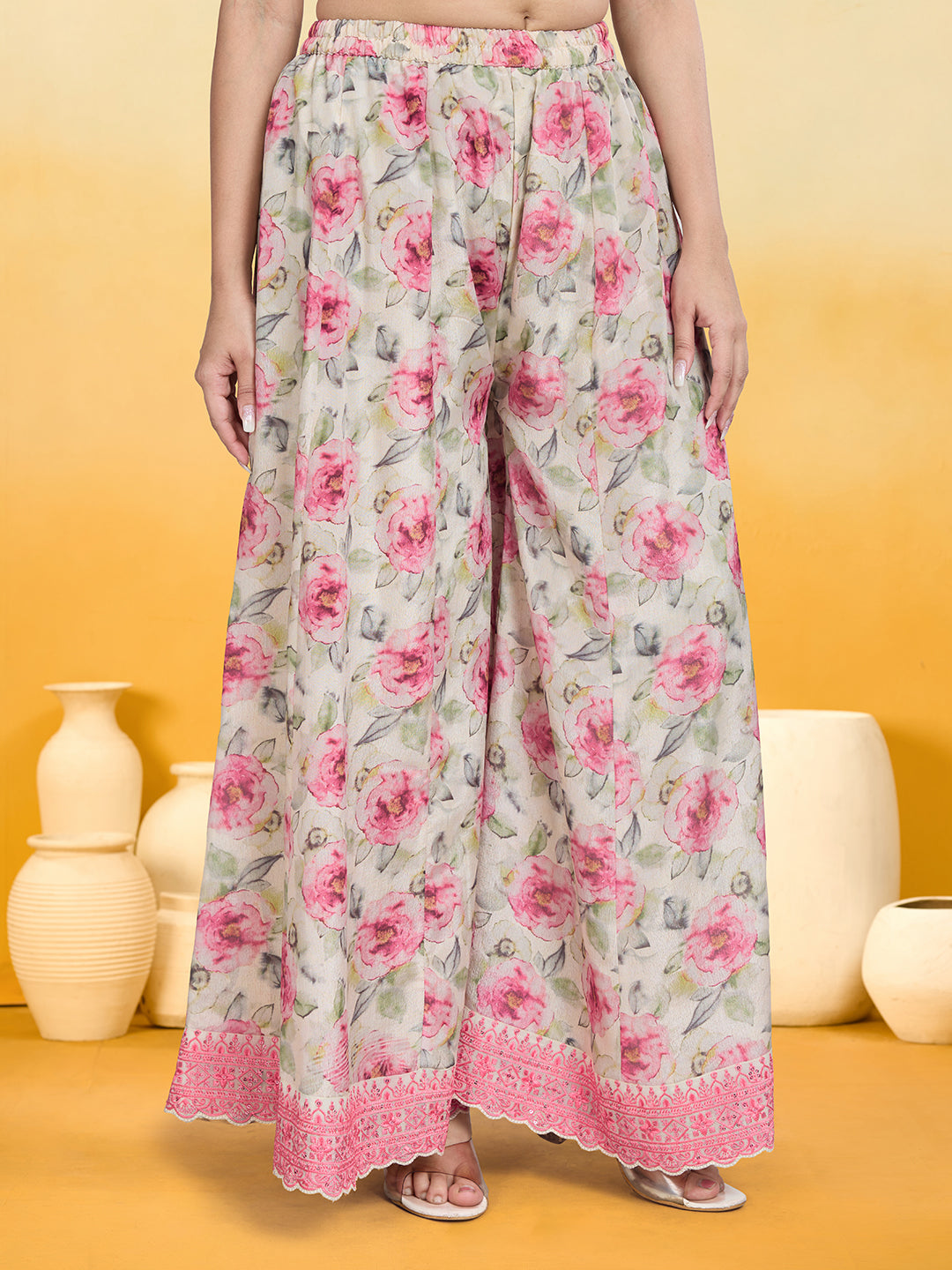 Women's Off White Silk Blend Embroidered Kurta set with dupatta