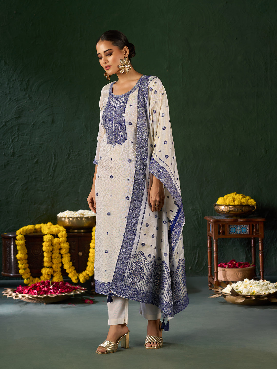 Women's Blue Pure Gold Tissue Silk Embroidered Kurta set with dupatta