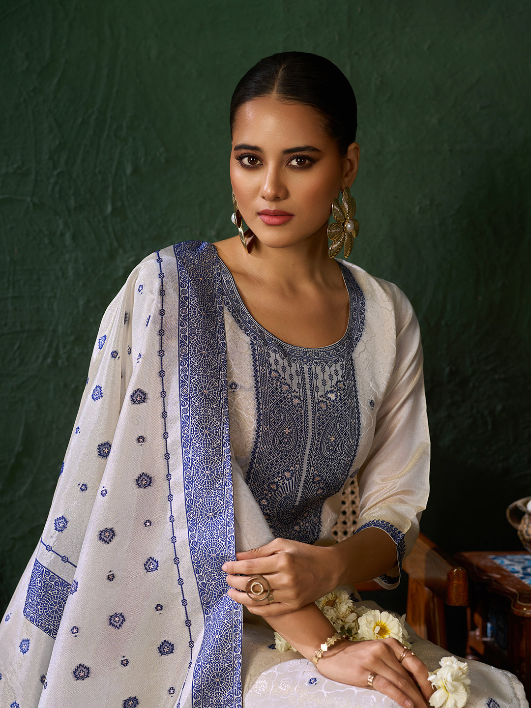 Women's Blue Pure Gold Tissue Silk Embroidered Kurta set with dupatta