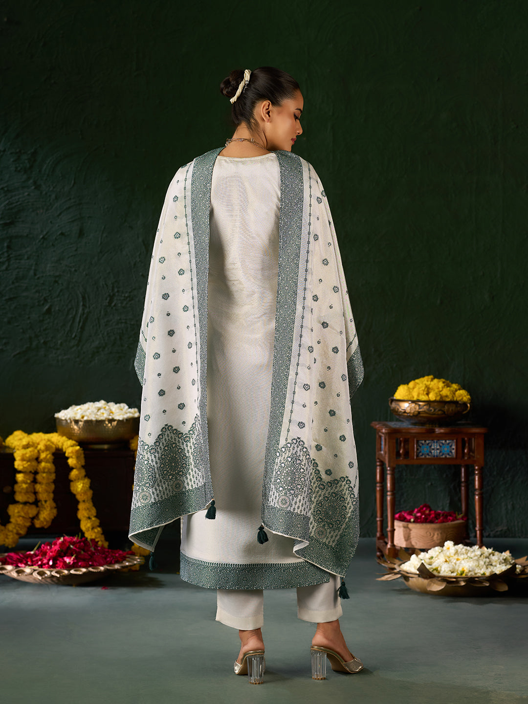 Women's Green Pure Gold Tissue Silk Embroidered Kurta set with dupatta