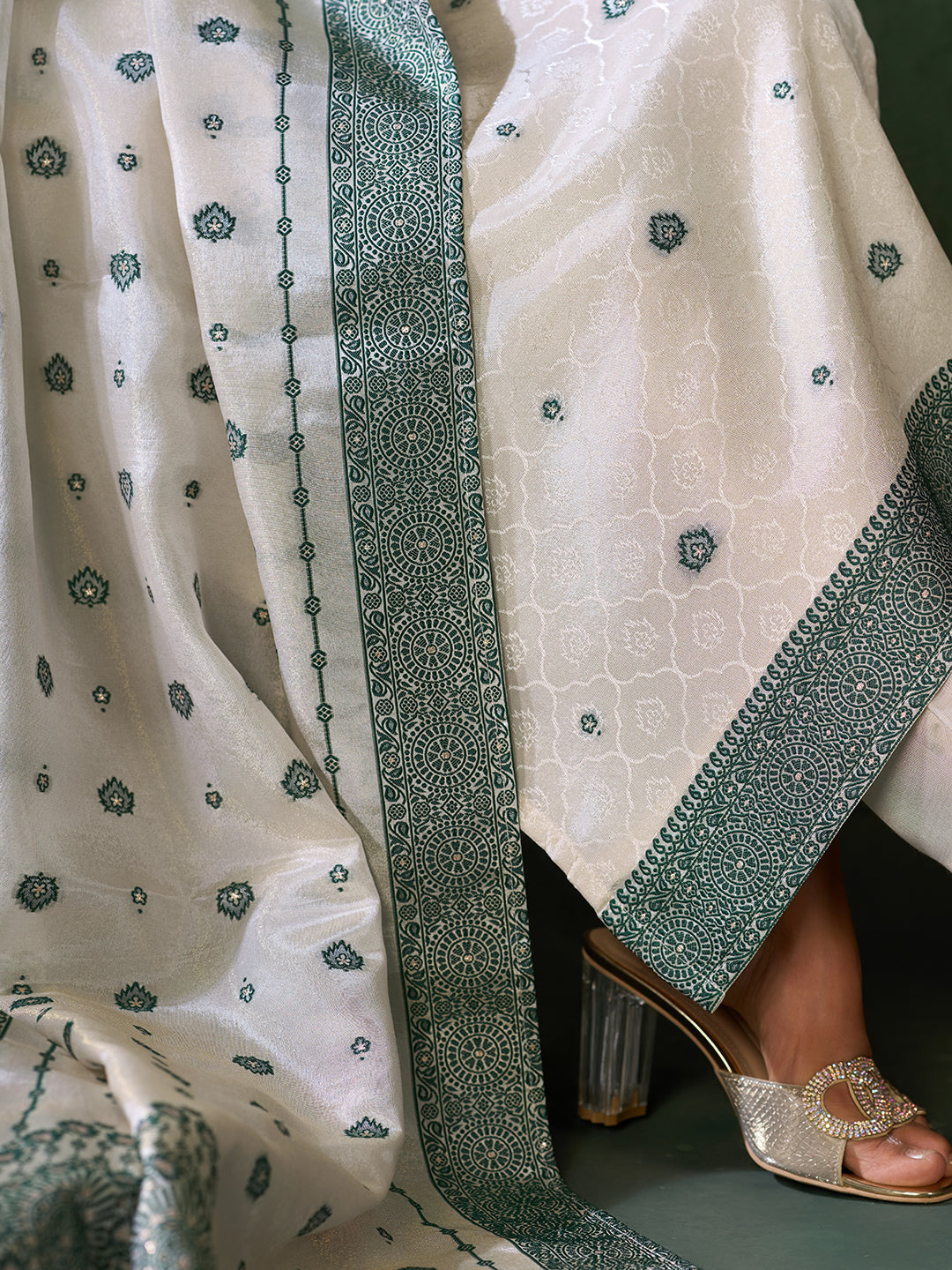 Women's Green Pure Gold Tissue Silk Embroidered Kurta set with dupatta