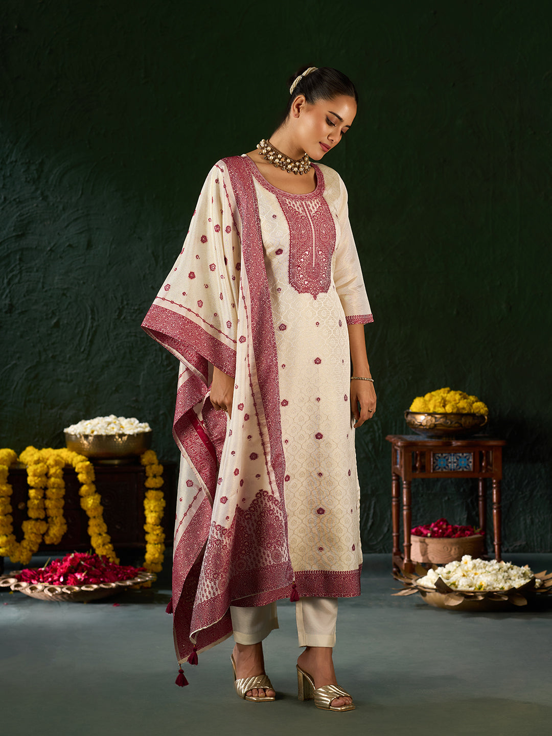 Women's Maroon Pure Gold Tissue Silk Embroidered Kurta set with dupatta