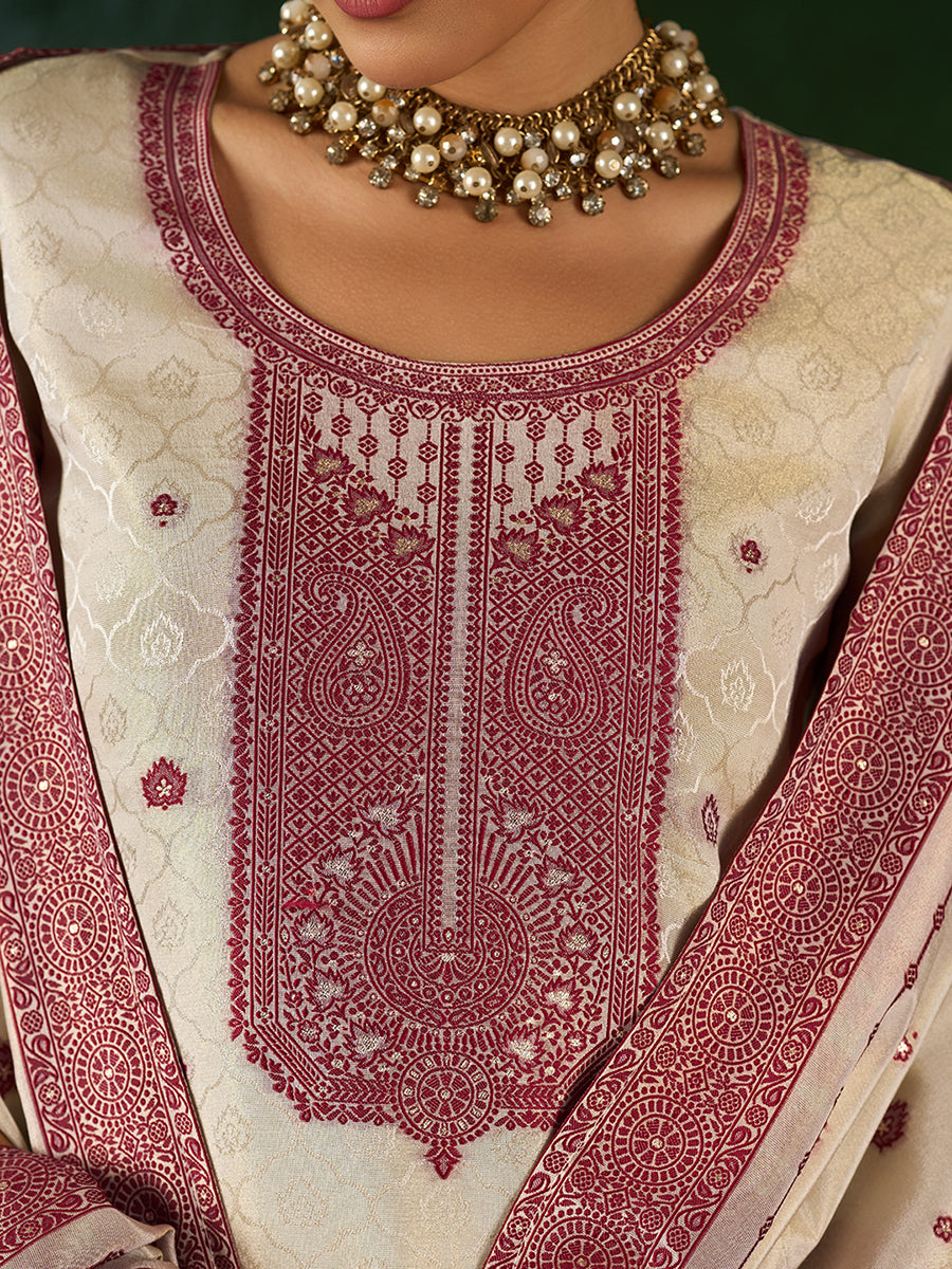 Women's Maroon Pure Gold Tissue Silk Embroidered Kurta set with dupatta