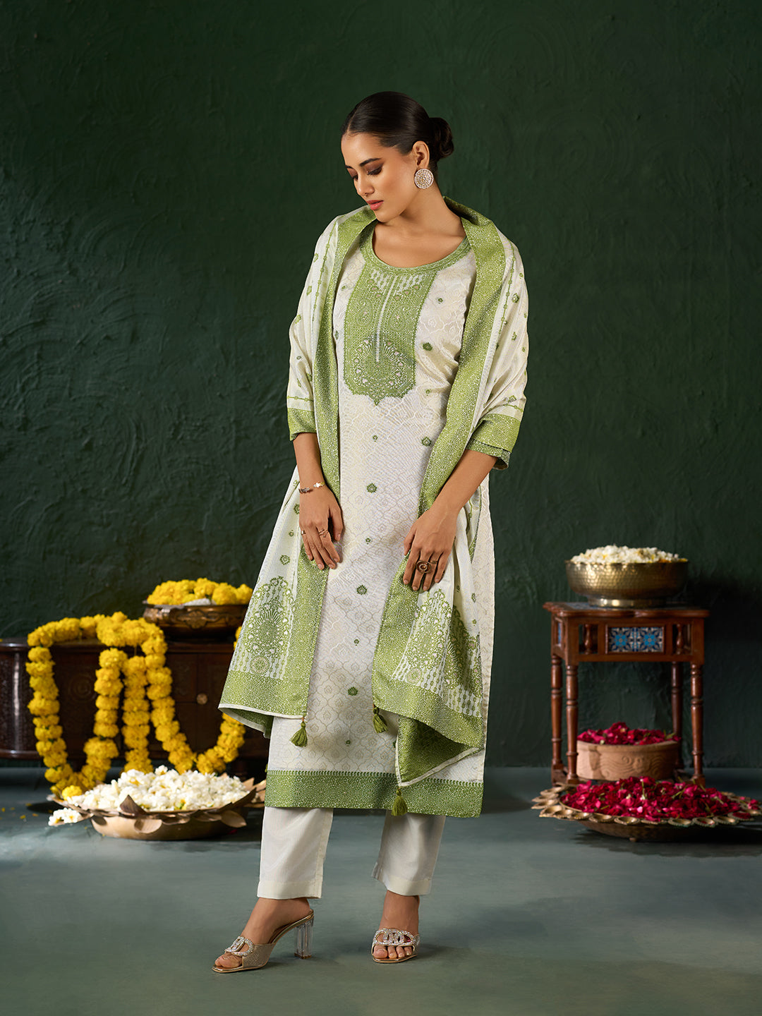 Women's Parrot Green Pure Gold Tissue Silk Embroidered Kurta set with dupatta