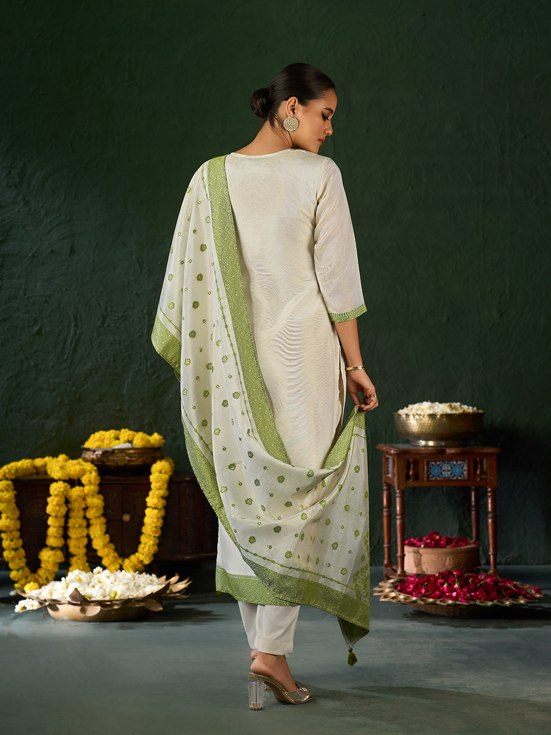 Women's Parrot Green Pure Gold Tissue Silk Embroidered Kurta set with dupatta
