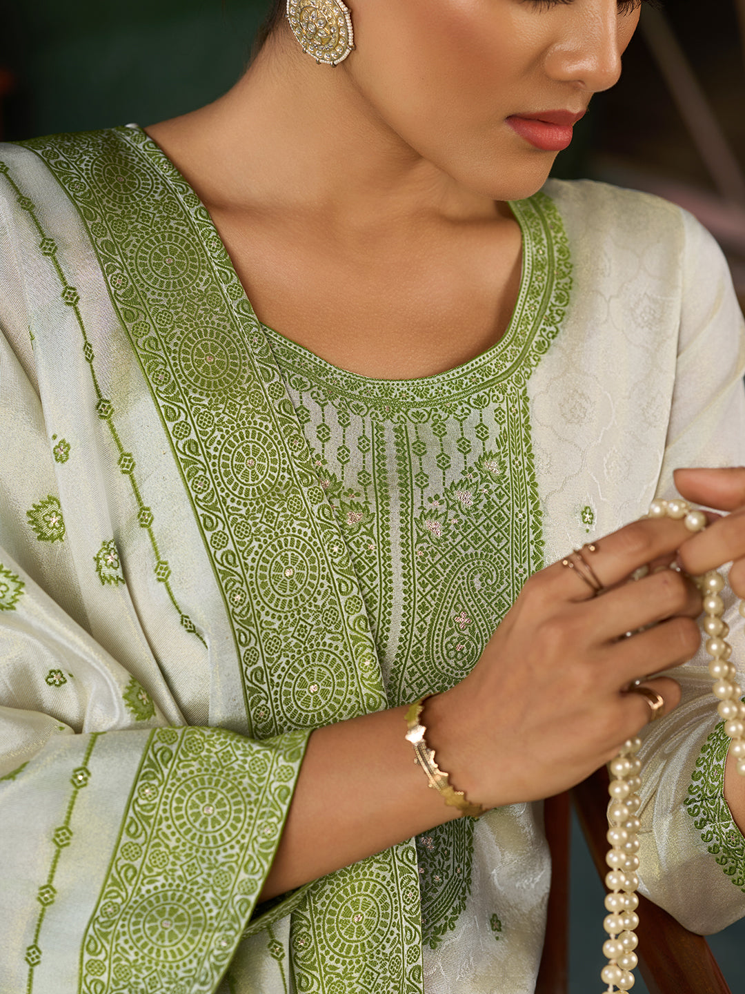 Women's Parrot Green Pure Gold Tissue Silk Embroidered Kurta set with dupatta